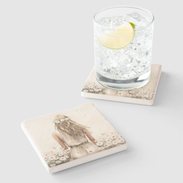 Porta-copo De Pedra Jovem Mulher Aquarela Em Daisy Field (Lateral)