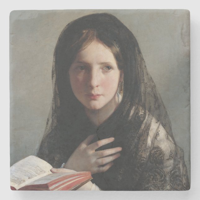 Porta-copo De Pedra Jovem Mulher Perdida nos Sonhos (Lendo um Livro) (Frente)