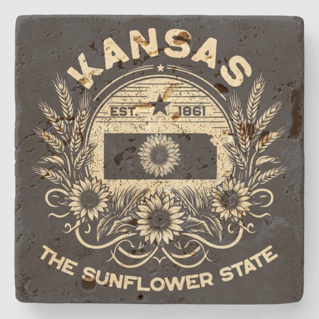 Porta-copo De Pedra Kansas The Sunflower State (Frente)