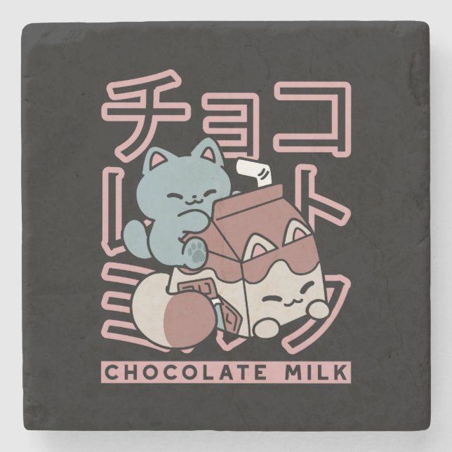 Porta-copo De Pedra Kawaii Cat with Chocolate Milk – Japanese Pop Art  (Frente)