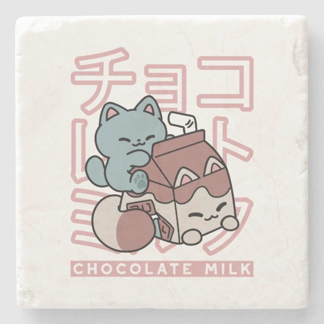 Porta-copo De Pedra Kawaii Cat with Chocolate Milk – Japanese Pop Art  (Frente)