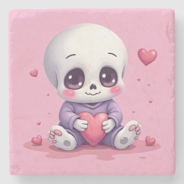 Porta-copo De Pedra Kawaii Skeleton Holding Heart (Frente)