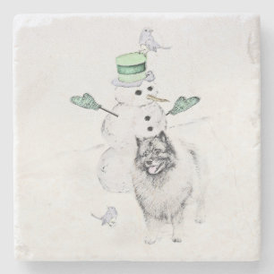 Porta-copo De Pedra Keeshond Christmas Snowman Pinting Art