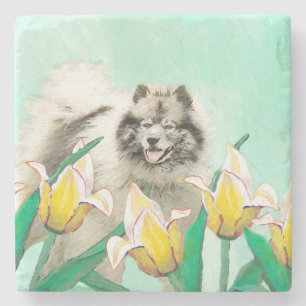 Porta-copo De Pedra Keeshond em Tulips pintando lindas artes caninas o