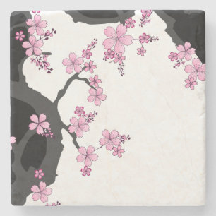 Porta-copo De Pedra Kimono Black e White Pink Sakura