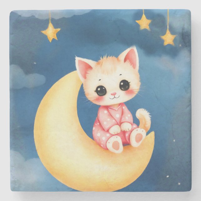 Porta-copo De Pedra Kitten Sitting on the Moon (Frente)