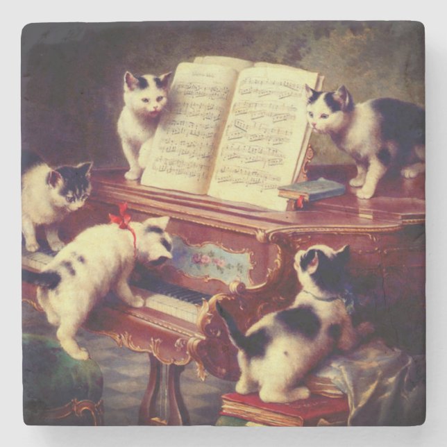 Porta-copo De Pedra Kittens e Piano (Frente)