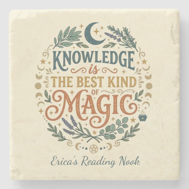 Porta-copo De Pedra Knowledge is Magic Book Witch Botanical Moon (Frente)