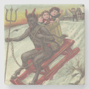 Porta-copo De Pedra Krampus sequestrando crianças com forcado de trenó