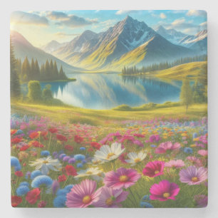 Porta-copo De Pedra Lago de montanha primavera/floral colorida