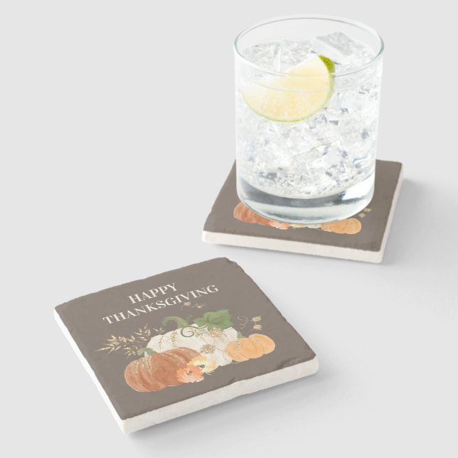 Porta-copo De Pedra Laranja White Pumpkins Dourado Glitter Ação de Gra (Lateral)