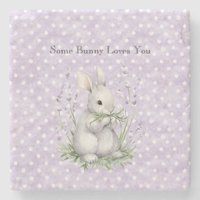 Porta-copo De Pedra Lavender White Polka Dots Bunny Rabbit Love (Frente)