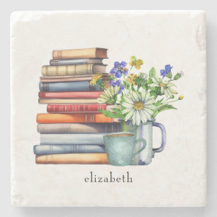 Porta-copo De Pedra Leitor Floral Aquarela Personalizado Bookstack