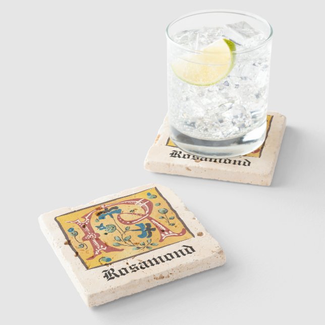 Porta-copo De Pedra Letra Floral Iluminada Medieval R Monograma (Lateral)