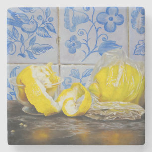 Porta-copo De Pedra Limões e Azulejos — Clássico Azul e Amarelo Still 