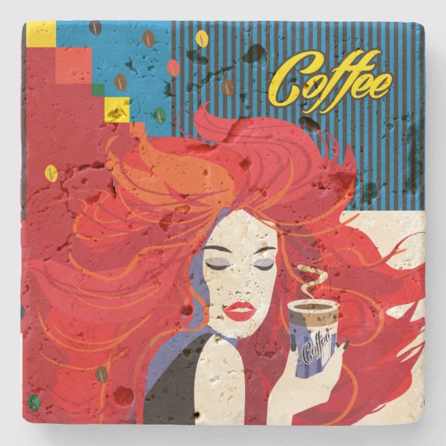 Porta-copo De Pedra "Linda moça com copa de café" Pop Art (Frente)