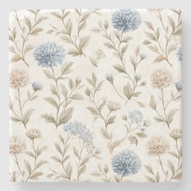 Porta-copo De Pedra Lindas Flores Azuis Creme (Frente)