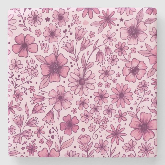 Porta-copo De Pedra Lindas Flores Silvestres Rosa (Frente)