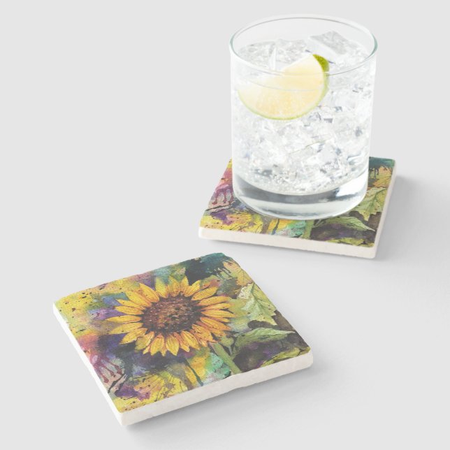 Porta-copo De Pedra Lindos Girassóis Em Aquarela (Lateral)