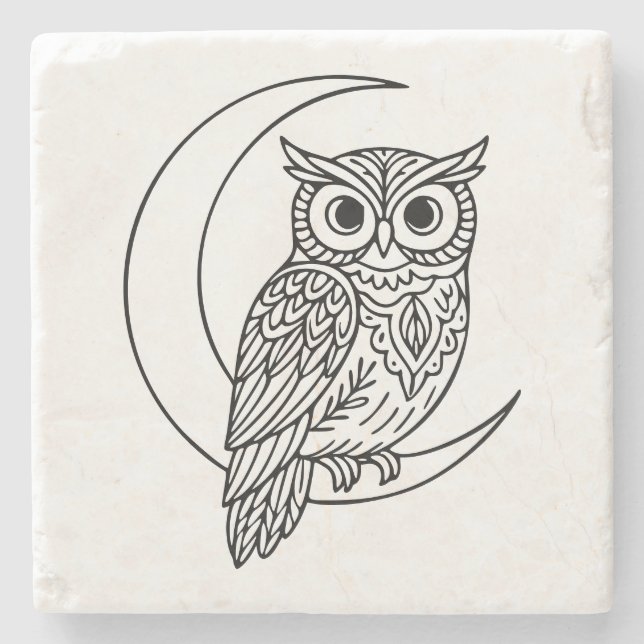 Porta-copo De Pedra Linha de Arte da Coruja Luna com Lua Crescente (Frente)