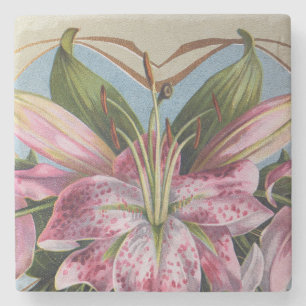 Porta-copo De Pedra Lírio Tigre Rosa Vintage Botânico Floral