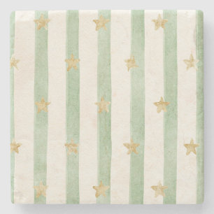 Porta-copo De Pedra Listras Creme Verde Estrelas Douradas
