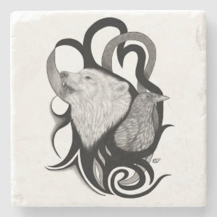 Porta-copo De Pedra Lobo Branco com Arte Tribal Raven
