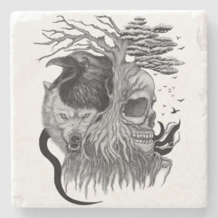Porta-copo De Pedra Lobo e Raven com crânio