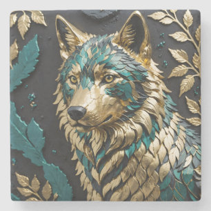 Porta-copo De Pedra Lobo em azul-turquesa e dourado com folhas