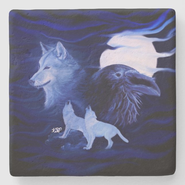 Porta-copo De Pedra Lobos e Raven com lua de cheio (Frente)