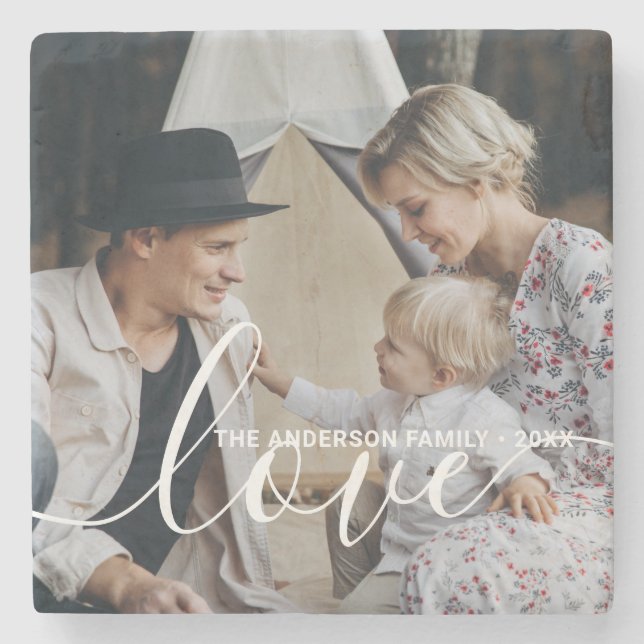 Porta-copo De Pedra 'Love' Foto personalizada da família com nome pers (Frente)