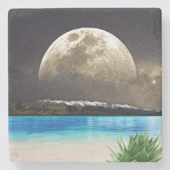 Porta-copo De Pedra Lua Cheia Tropical Turquesa Dourada Luminosa Praia (Frente)