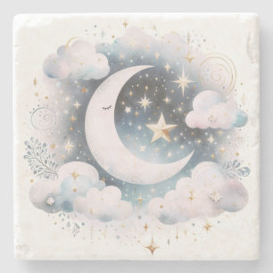 Porta-copo De Pedra Lua Crescente Azul e Branco Boho Moderno Celestial