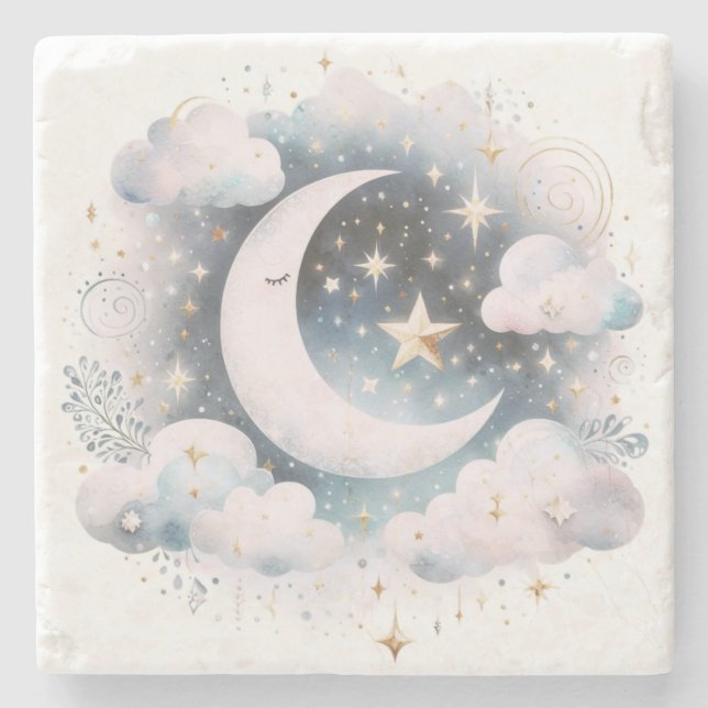 Porta-copo De Pedra Lua Crescente Azul e Branco Boho Moderno Celestial (Frente)
