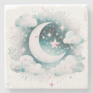 Porta-copo De Pedra Lua Crescente Azul e Branco Boho Moderno Celestial