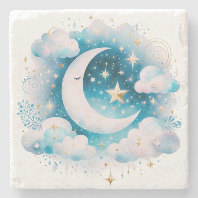 Porta-copo De Pedra Lua Crescente Azul e Branco Celestial Boho Moderno (Frente)