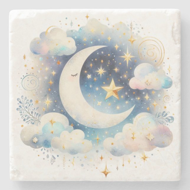 Porta-copo De Pedra Lua Crescente Azul e Branco Celestial Boho Moderno (Frente)