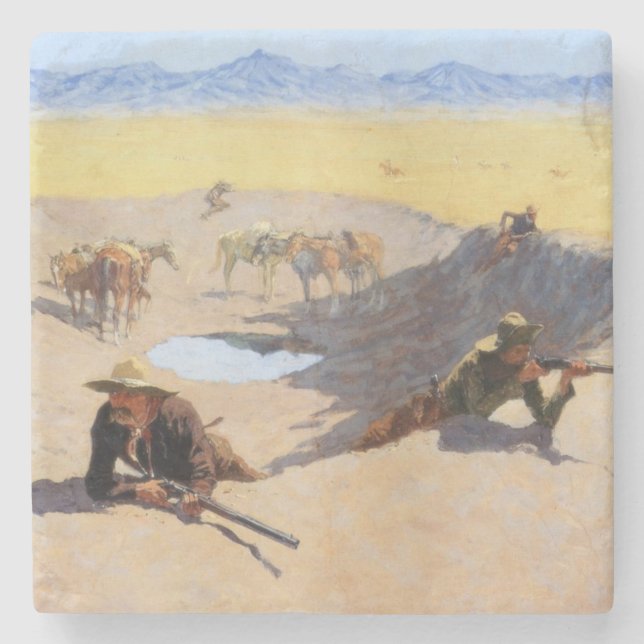 Porta-copo De Pedra Luta pelo Buraco d'água (por Frederic Remington) (Frente)