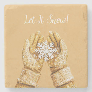 Porta-copo De Pedra Luvas de Natal Floco de Neve Mãos Dourado Amarelo
