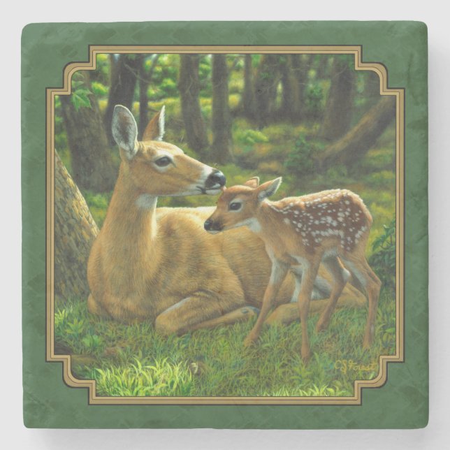 Porta-copo De Pedra Madre Deer e Fawn Forest Green (Frente)
