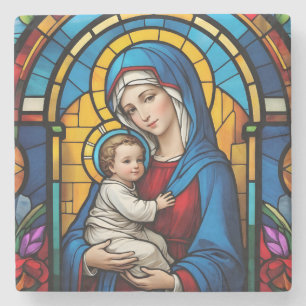 Porta-copo De Pedra Mãe Abençoada Mary e Jesus Bebê - Virgem Maria