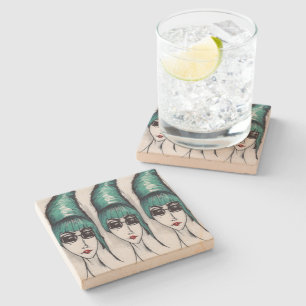 Porta-copo De Pedra Mãe Monstro Mulher Retrato Teal Beehive Pop Art