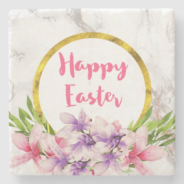 Porta-copo De Pedra Magnolias de páscoa rosa e púrpura da aquarela (Frente)