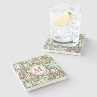 Porta-copo De Pedra Mahjong Chinoiserie Floral Monogram Personalized 