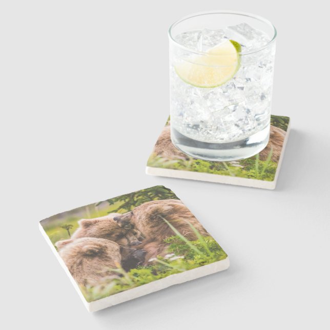 Porta-copo De Pedra Mamãe urso cuidando de seus dois filhotes, Lago Cl (Lateral)