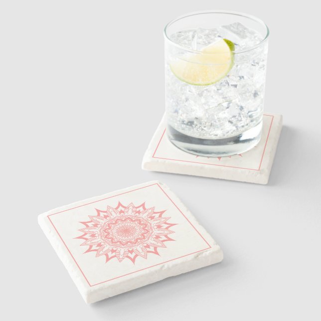 Porta-copo De Pedra Mandala em círculo de ornamentado rosa (Lateral)