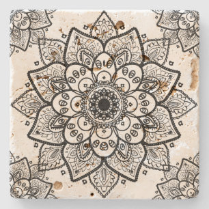 Porta-copo De Pedra Mandala Floral Negra Sobre Fundo Branco