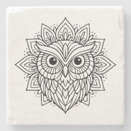 Porta-copo De Pedra Mandala Owl Head Line Art