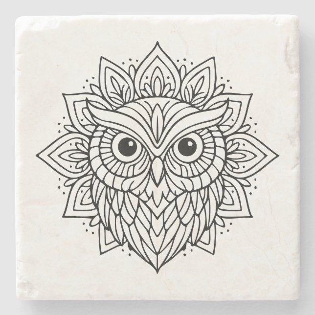 Porta-copo De Pedra Mandala Owl Head Line Art (Frente)
