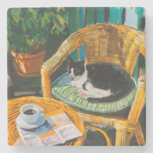 Porta-copo De Pedra Manhã de Domingo Preguiçosa Pintura para gatos e